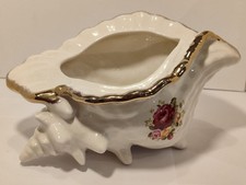 Vintage Staffordshire Shell Vase – Ceramic Conch Vase – Rose Floral & Gold Gilt