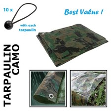 11 Sizes of Heavy Duty CAMO Tarpaulin Waterproof Cover Sheet + 10 Bungee Balls