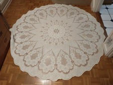 Pretty large cream/oyster vintage lace circular tablecloth doily, scalloped edge