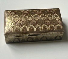 Vintage Indian Brass Wood Lined Trinket Box Engraved Hinged Lid 16 cm 6.25 inch