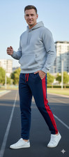 Men's Contrast Stripe Joggers | Navy Grey Red Black Tracksuit Bottoms Sweatpants
