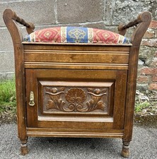 Edwardian Antique Wooden Carved Piano Stool Seat Vintage Storage Box Cupboard