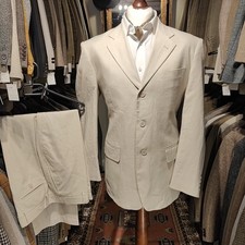Vintage Mens 42R 38R 2 Piece Suit Jacket Trousers Linen Beige Cream Summer