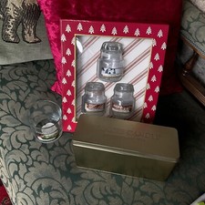 YANKEE CANDLE 3 SMALL EMPTY JARS IN CHRISTMAS TREE BOX GLASS TUMBLER + GOLD TIN
