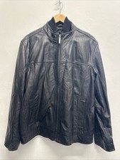 Jeff Banks Leather Jacket coat black Large Zip-out Ribbed Collar t3917