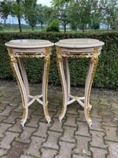 Side Tables Louis XVI French Style Pair White Gold Marble Top Vintage Elegant