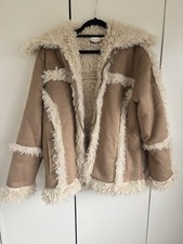 Topshop Faux Suede Mongolian Fur Aviator Afghan Jacket - Beige/Cream. Size 6