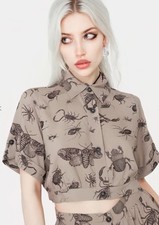 Disturbia Beige Taupe Parasite Bugs Print Crop Short Sleeve Shirt (Size 10)