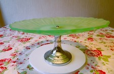 Art Deco Frosted Glass Uranium Cake Stand on Chrome Pedestal