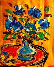 ROSES  BLUE  abstract SIGNED  Original Oil Painting on canvas IMPRESSIONIST