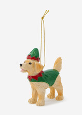 FESTIVE GOLDEN RETRIEVER DOG HANGING XMASS DECORATION. NEW, BOXED. 8 X 8 X 3 CM