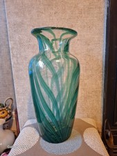 Large Murano Green Striped + Gold Dust Art Glass Bulbous Vase 12" tall