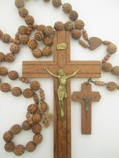VINTAG HANGING 12" RELIGIOUS WOOD CROSS CRUCIFIX & HUGE 46" ROSARY BEAD NECKLACE