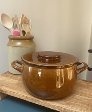 Brown Enamel Stove Cooking Pot 1.8L 70s Holland Pottery Rustic Farmhouse Kitchen