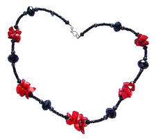 Genuine red coral chips hematite, glass bead floral choker silver catch necklace