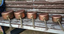 Vintage Heavy Set 5 French Copper Pans Brass Handles