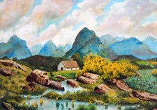 Vintage Naive Oil  Painting Cottage Folk Art Primitive Snowdonia North Wales (?)