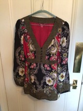 Monsoon, black / red, floral print, fully-lined, pure silk, V-neck, tunic top