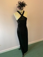 FRANK USHER UK SIZE 10 BLACK SEQUIN ELEGANT LADIES LONG EVENING DRESS (EV3)