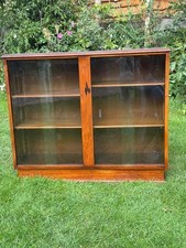 Antique Vintage Oak Barristers Low Bookcase  Shelves Glass Doors