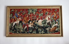 Huge Vintage Medieval Tapestry Completed Needlepoint  Gold Frame 45” X 25”