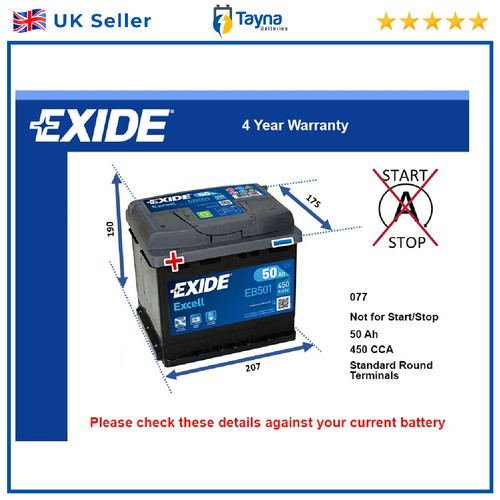 Car battery eb501 exide 077 - car,