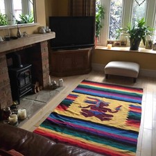 Southwestern Mexican Rug Throw Blanket Multi Stripe Vintage Aztec Mayan God Wall
