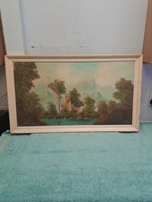 Vintage  Signed Oil on Board Painting Country Scene With Lake And Mountains 