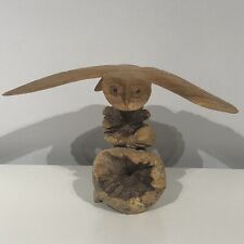Carved Wood Owl On Wooden Mushrooms Sculpture Ornament 12cm Tall Wide Wingspan