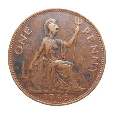 1946 UK 1 Penny Coin – King George VI, Bronze Britannia, KM#845 Z3213