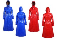 Women's Shiny Vinyl Trench Coat with Hood - Full-Length Waterproof Raincoat