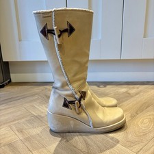 Vintage Destroy Wedge Boots, Shearling Trim Rare Light Tan Toggle Leather - UK 6