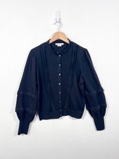 Boden Cardigan Women Size Large Black Pointelle Frill Balloon Sleeve Wool Cotton