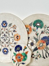Antique Pietra Dura Mosaic Inlaid Marble Plates Handcrafted Agra India