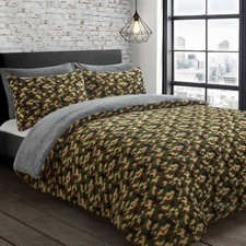 Teddy Fleece Bedding Green Camouflage Soft Cosy Duvet Cover & Pillowcase Set