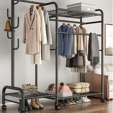 Heavy Duty Double Clothes Rail Rack Garment Hanging Stand Open Wardrobe Shelf UK
