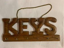 Vintage Wooden Key Hooks Carved Holder Hanging Brass Chain Wall Mounted 1970s