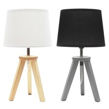 Tripod Table Lamp Grey / Natural Wood Base Tapered Lampshade LED Light Bulb