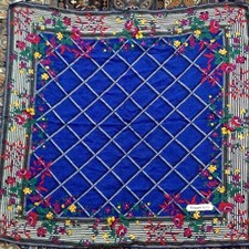 Tiffany silk scarf 1980's vintage floral blue/multi, hand rolled hems