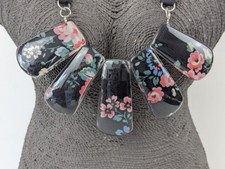 Cath Kidston Necklace Black Base With Pink & Blue Flowers & Ribbon Tie 