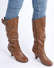 WOMENS MID HEEL WINTER TWIN BUCKLE ZIP CALF KNEE RIDING LADIES SHOES BOOTS SIZE