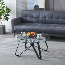 Coffee Table Round Glass Living Room Centre Table With Black/Silver Metal Legs