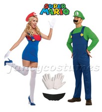 2PCs Couple Mens Super Mario Luigi and Womens Mario Plumber Fancy Dress Costumes