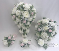 Wedding Flowers Ivory Rose bouquet  Bride, Bridesmaid, Flower Girl wand peonies