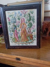 Rare Antique Victorian Needlepoint Framed In Leather & Glazed As A Blotter Cover