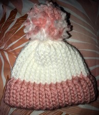 Baby Girl White & Pink Handmade Wool Newborn Pom Pom / Bobble Hat 0-3 Months 