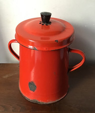 Vintage Mid Century Double Handled Red Enamel Kitchen Storage Bin Container +Lid