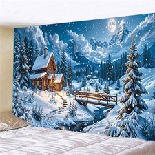 Large Christmas Eve Cottage Scene Tapestry Snow Forest Wall Hanging Backdrop Art