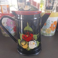 VINTAGE ENAMEL BARGEWARE/CANALWARE FOLK ART COFFEE POT. BLACK/ROSES. EX CON!!
