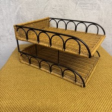 Vintage Rattan & Metal Desk Organiser/ Letter Document Rack Filing Tray